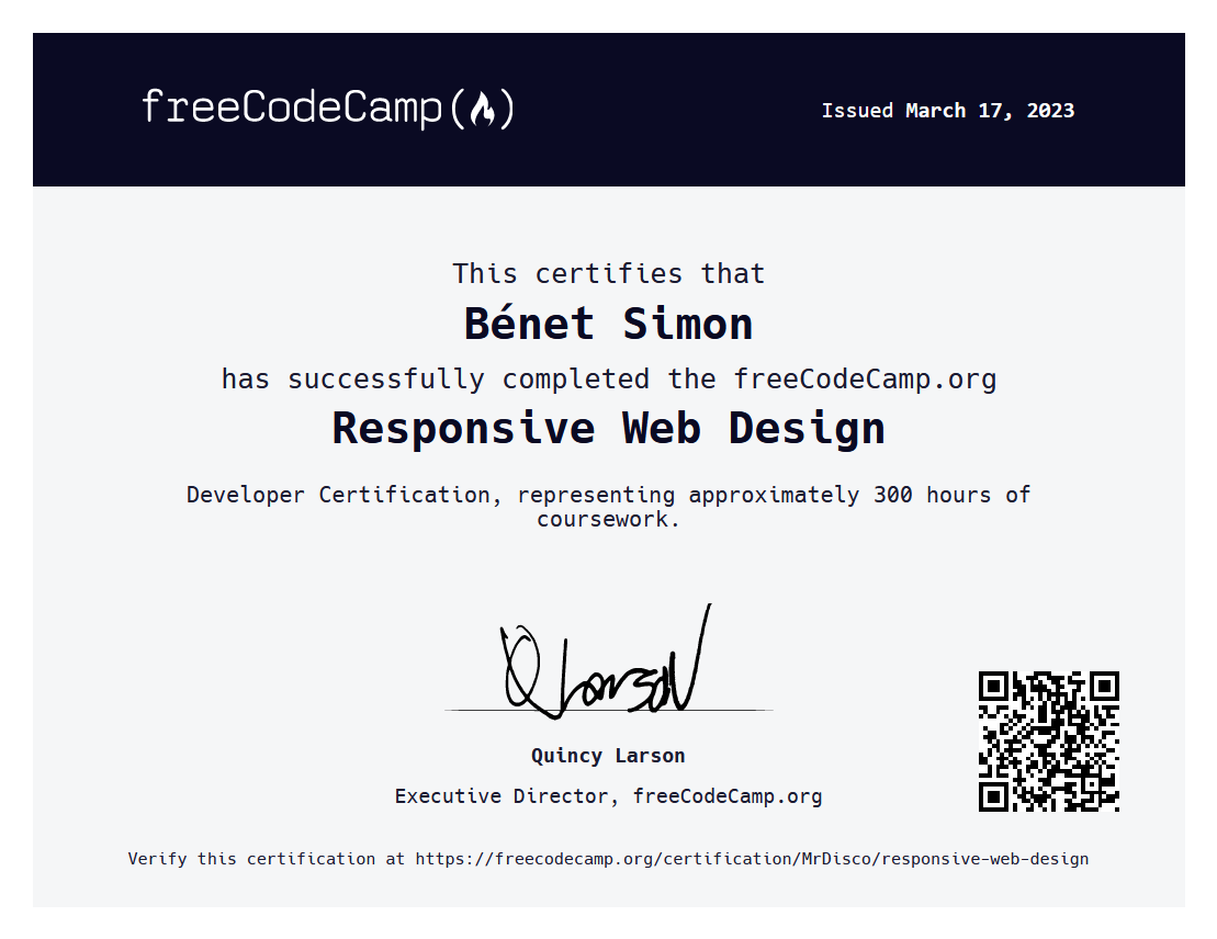 certification FreeCodeCamp 'web responsive' au format png